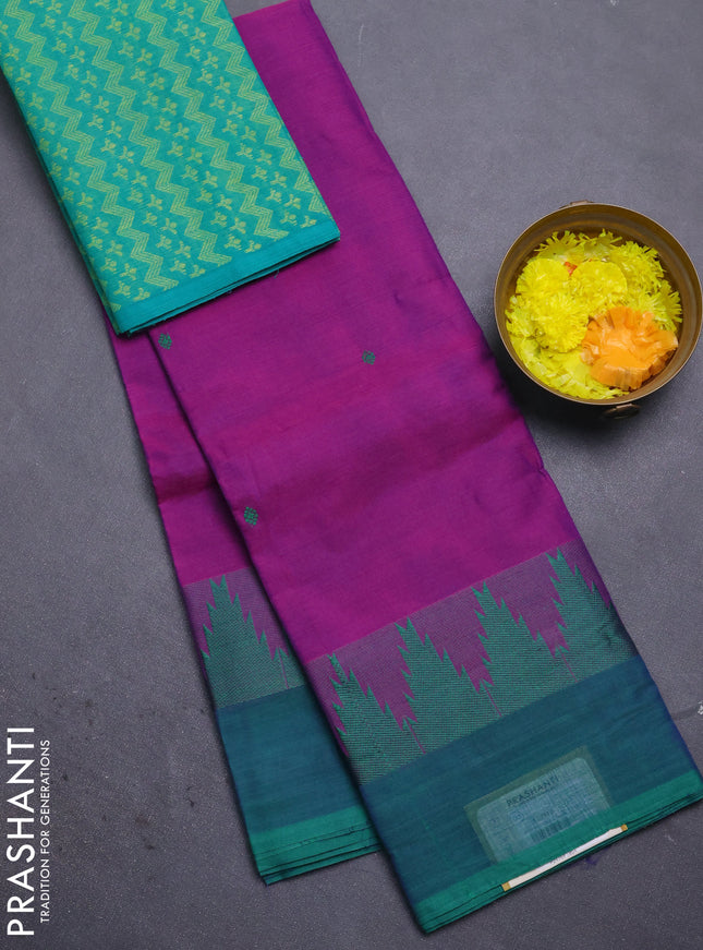 Chettinad cotton saree purple and green with thread woven buttas and temple design simple border