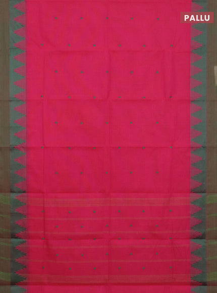 Chettinad cotton saree pink and green with thread woven buttas and temple design simple border