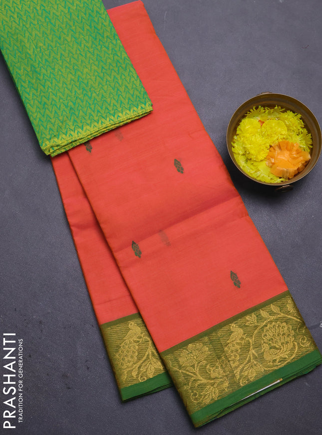 Chettinad cotton saree dual shade of orange and green with thread woven buttas and peacock zari woven border