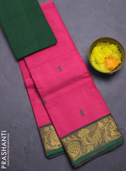 Chettinad cotton saree pink and dual shade of green with thread woven buttas and peacock zari woven border