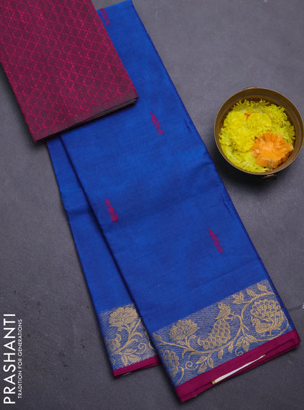 Chettinad cotton saree blue and magenta pink with thread woven buttas and peacock zari woven border