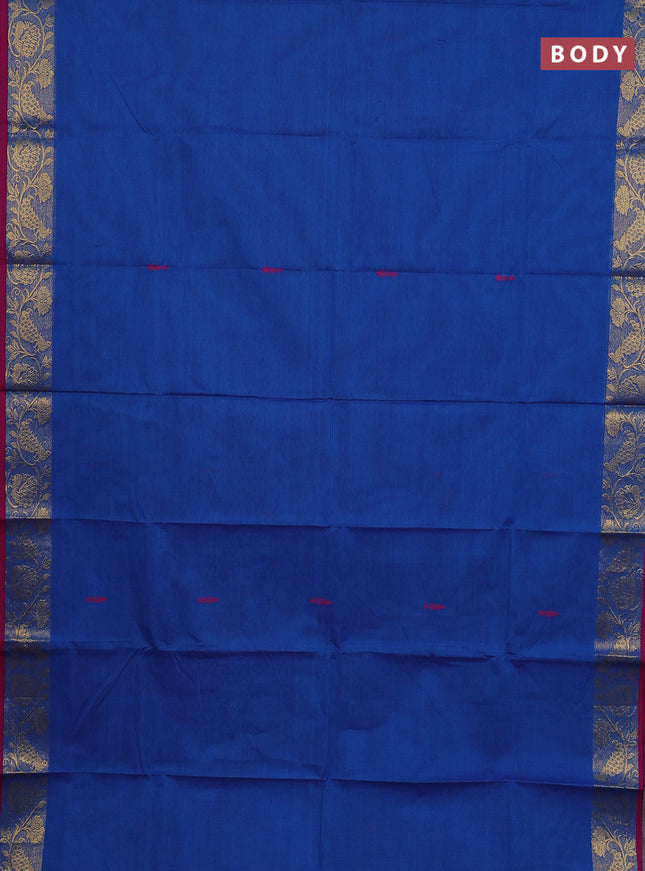 Chettinad cotton saree blue and magenta pink with thread woven buttas and peacock zari woven border