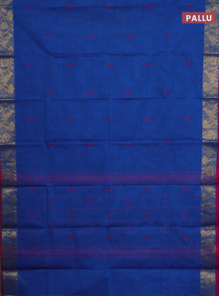 Chettinad cotton saree blue and magenta pink with thread woven buttas and peacock zari woven border