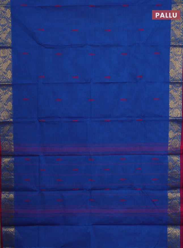 Chettinad cotton saree blue and magenta pink with thread woven buttas and peacock zari woven border