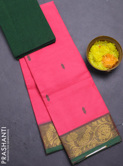 Chettinad cotton saree peach pink and dual shade of green with thread woven buttas and peacock zari woven border