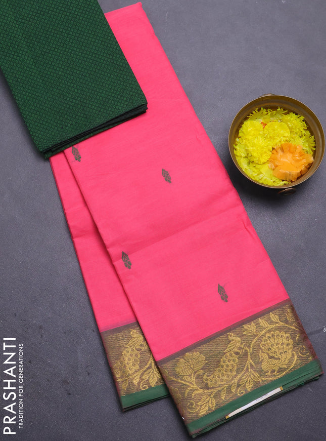 Chettinad cotton saree peach pink and dual shade of green with thread woven buttas and peacock zari woven border