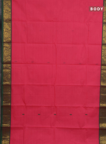Chettinad cotton saree peach pink and dual shade of green with thread woven buttas and peacock zari woven border