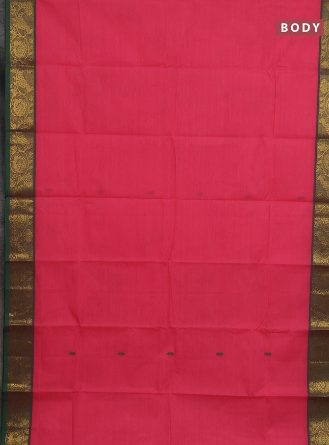 Chettinad cotton saree peach pink and dual shade of green with thread woven buttas and peacock zari woven border