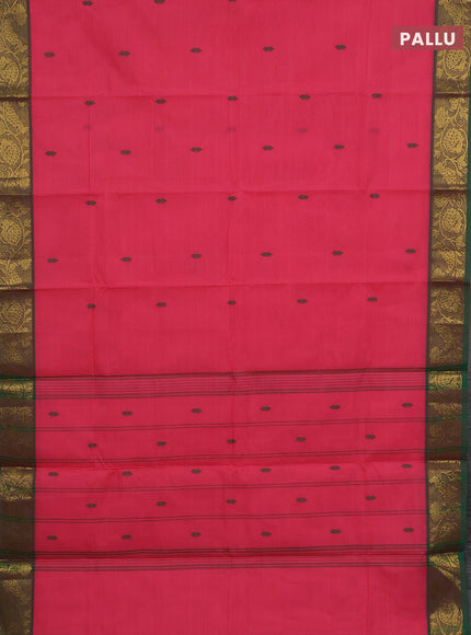Chettinad cotton saree peach pink and dual shade of green with thread woven buttas and peacock zari woven border