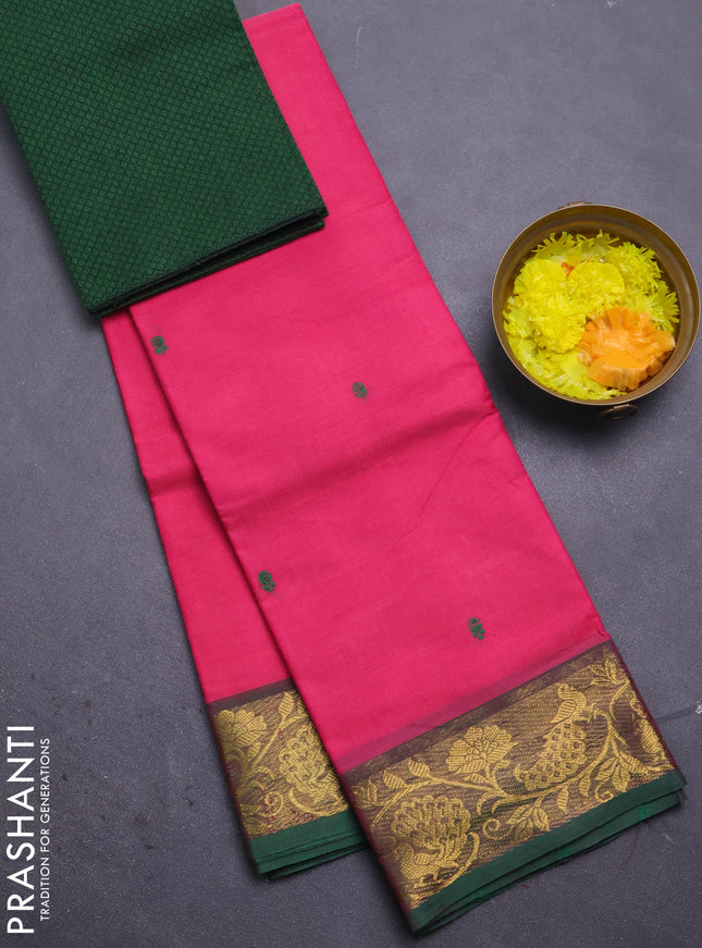 Chettinad cotton saree pink and dual shade of green with thread woven buttas and peacock zari woven border