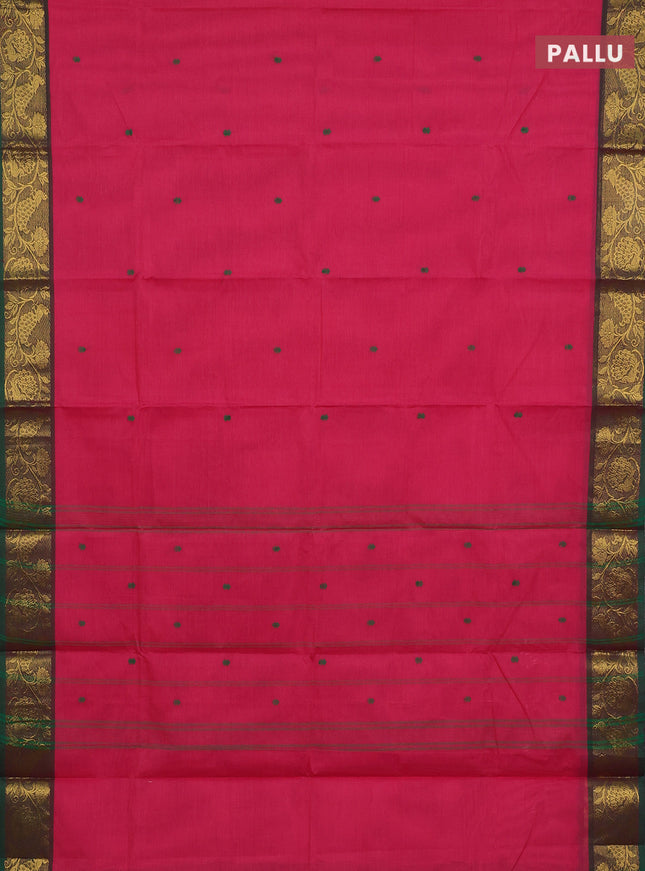 Chettinad cotton saree pink and dual shade of green with thread woven buttas and peacock zari woven border