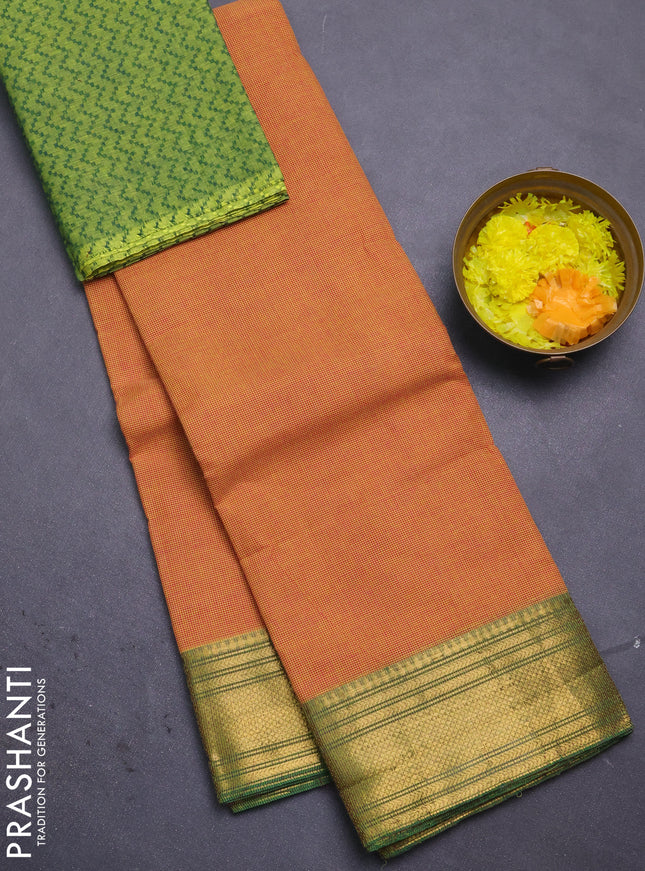 Chettinad cotton saree mustard yellow and lime green with allover small checked pattern and zari woven border