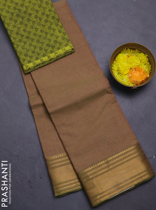 Chettinad cotton saree sandal and lime green with allover small checked pattern and zari woven border