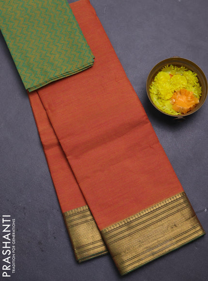 Chettinad cotton saree rust shade and green with allover small checked pattern and zari woven border