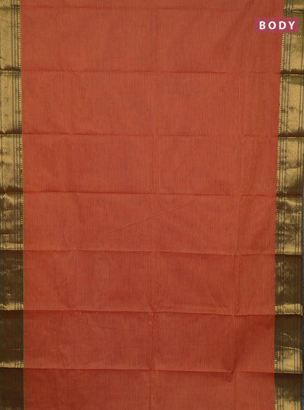 Chettinad cotton saree rust shade and green with allover small checked pattern and zari woven border