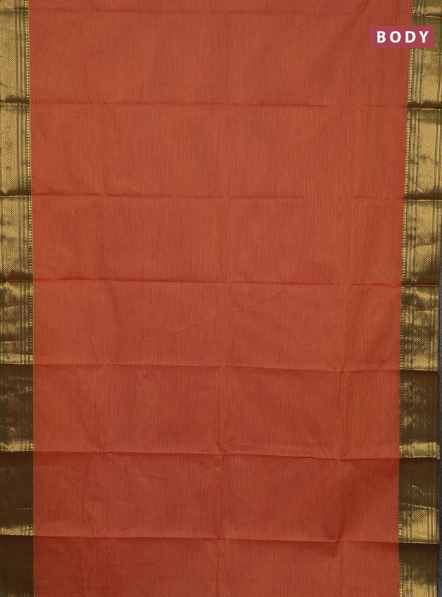 Chettinad cotton saree rust shade and green with allover small checked pattern and zari woven border