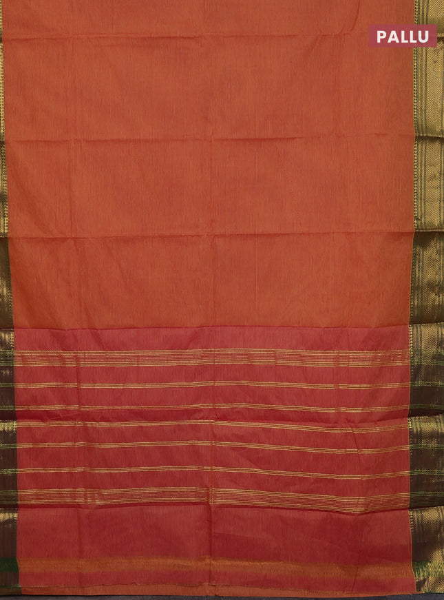 Chettinad cotton saree rust shade and green with allover small checked pattern and zari woven border