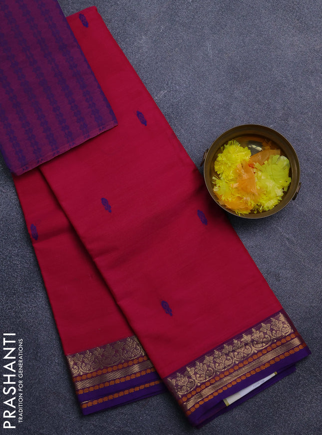 Chettinad cotton saree magenta pink and violet with thread woven buttas and zari woven border