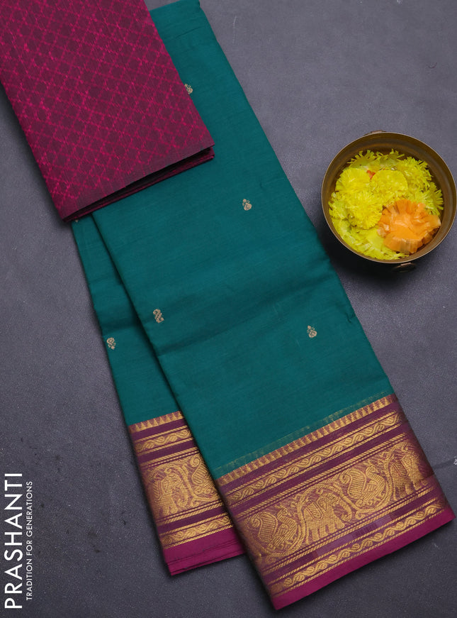 Chettinad cotton saree teal green and purple with thread woven buttas and zari woven border