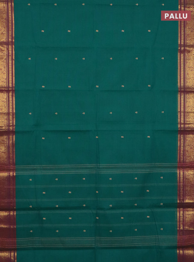 Chettinad cotton saree teal green and purple with thread woven buttas and zari woven border