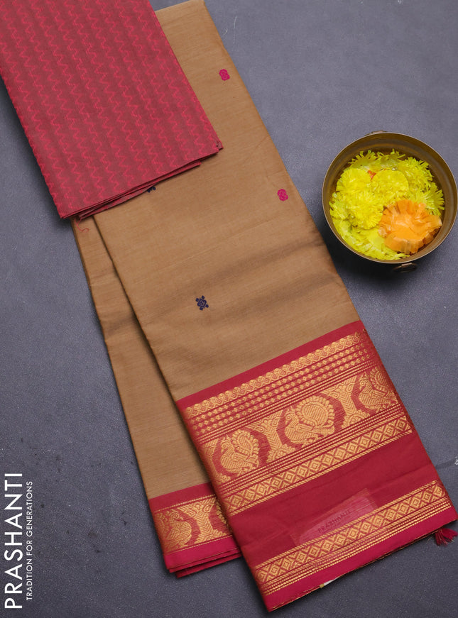 Chettinad cotton saree sandal and pink with thread woven buttas and annam zari woven border