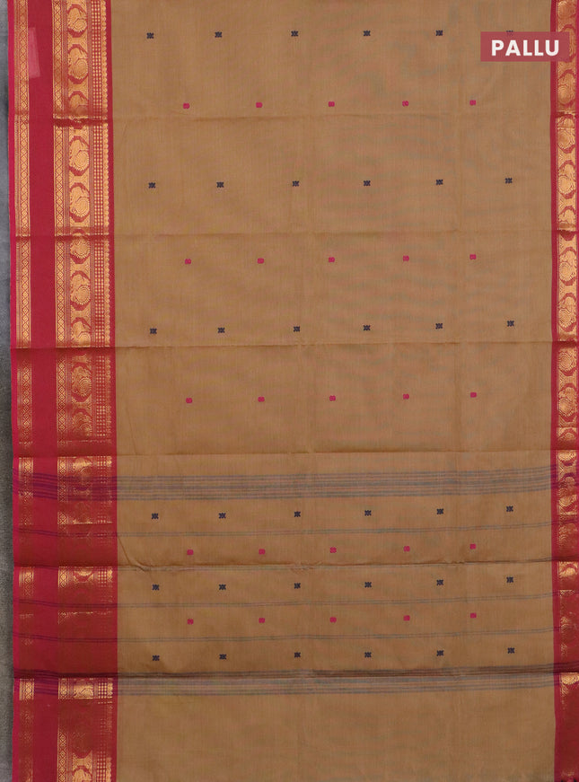 Chettinad cotton saree sandal and pink with thread woven buttas and annam zari woven border
