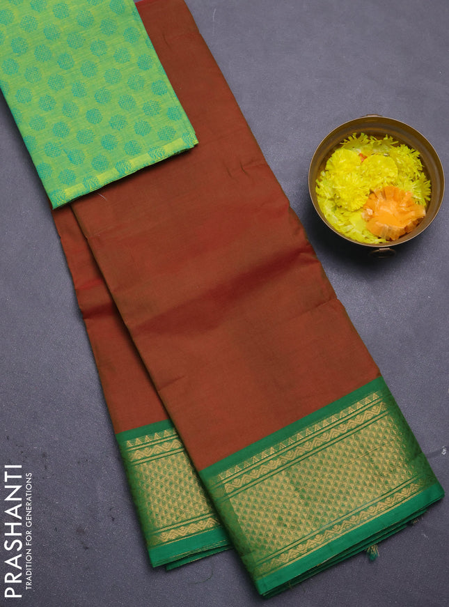 Chettinad cotton saree dual shade of maroon and green with plain body and zari woven border