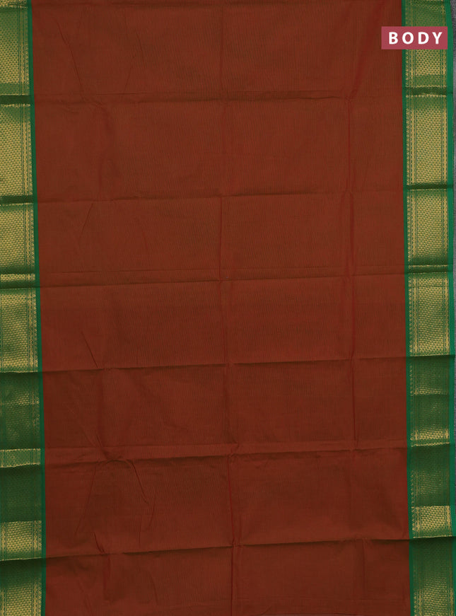 Chettinad cotton saree dual shade of maroon and green with plain body and zari woven border