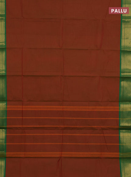 Chettinad cotton saree dual shade of maroon and green with plain body and zari woven border