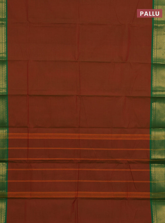 Chettinad cotton saree dual shade of maroon and green with plain body and zari woven border