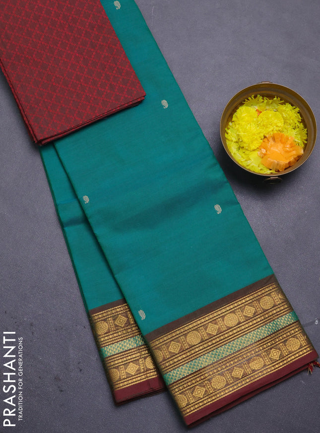 Chettinad cotton saree teal green and maroon with thread woven buttas and zari woven border