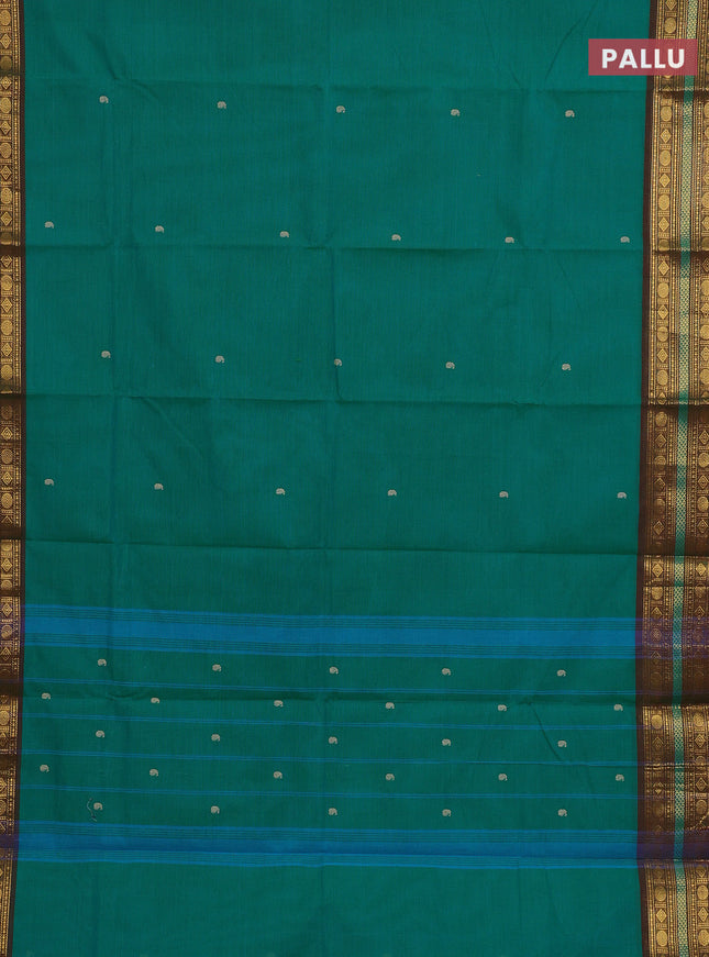 Chettinad cotton saree teal green and maroon with thread woven buttas and zari woven border