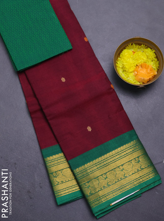 Chettinad cotton saree deep maroon and green with thread woven buttas and zari woven border