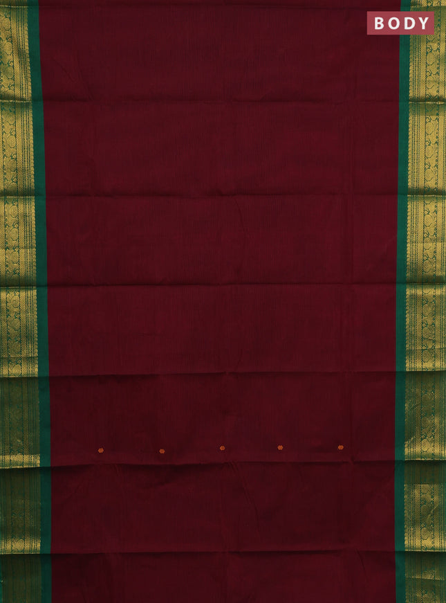 Chettinad cotton saree deep maroon and green with thread woven buttas and zari woven border