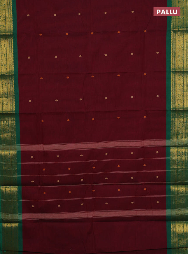 Chettinad cotton saree deep maroon and green with thread woven buttas and zari woven border