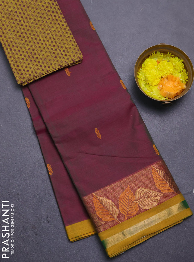 Chettinad cotton saree dual shade of maroon and mustard yellow with thread woven buttas and thread & zari woven border