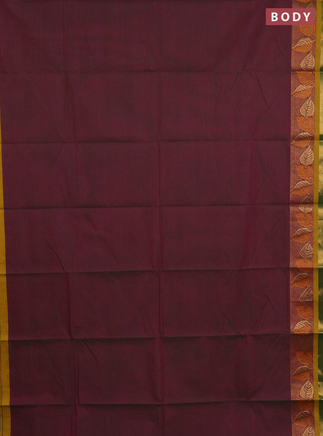 Chettinad cotton saree dual shade of maroon and mustard yellow with thread woven buttas and thread & zari woven border