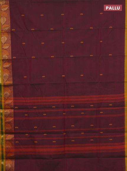 Chettinad cotton saree dual shade of maroon and mustard yellow with thread woven buttas and thread & zari woven border