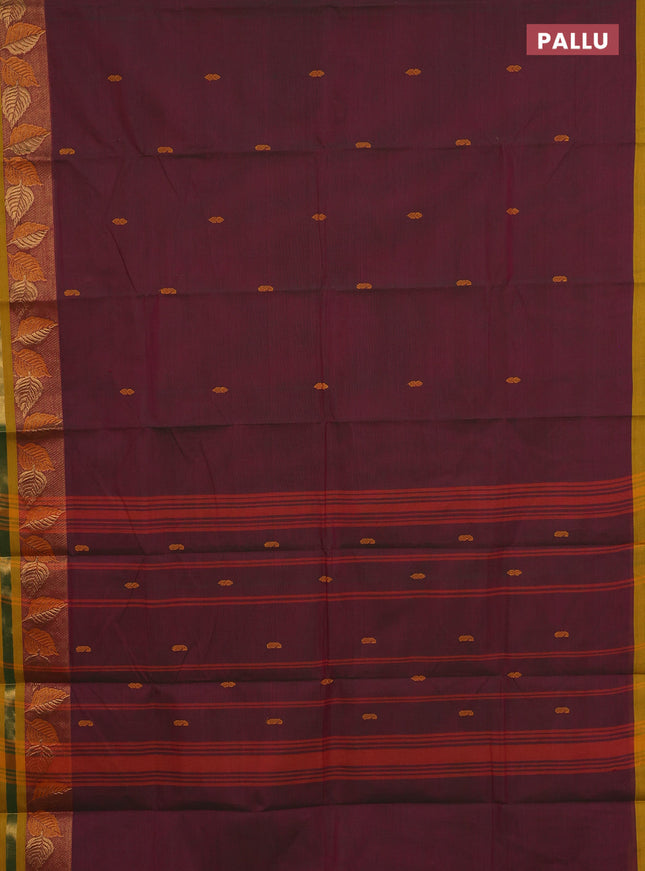 Chettinad cotton saree dual shade of maroon and mustard yellow with thread woven buttas and thread & zari woven border