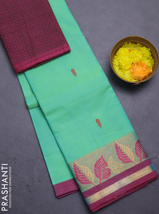 Chettinad cotton saree teal green and maroon with thread woven buttas and thread & zari woven border