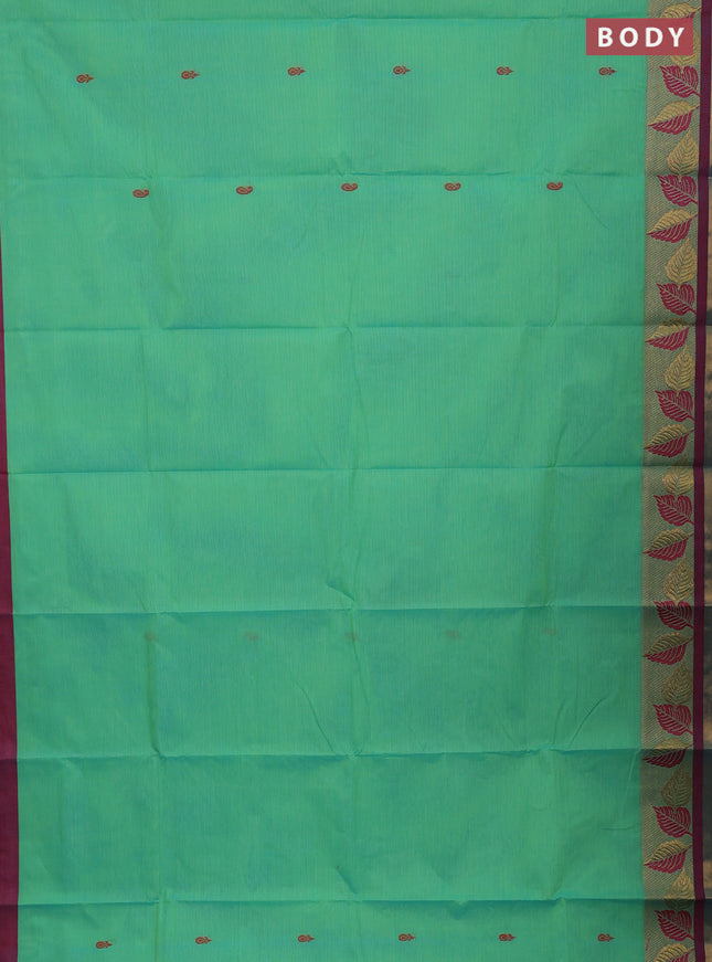 Chettinad cotton saree teal green and maroon with thread woven buttas and thread & zari woven border