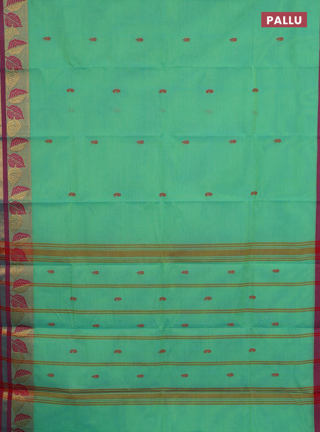 Chettinad cotton saree teal green and maroon with thread woven buttas and thread & zari woven border