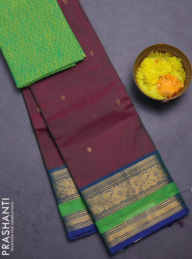 Chettinad cotton saree dual shade of purple and green with zari woven buttas and zari woven border