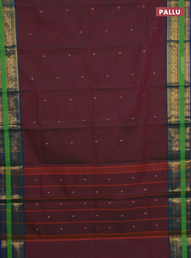 Chettinad cotton saree dual shade of purple and green with zari woven buttas and zari woven border