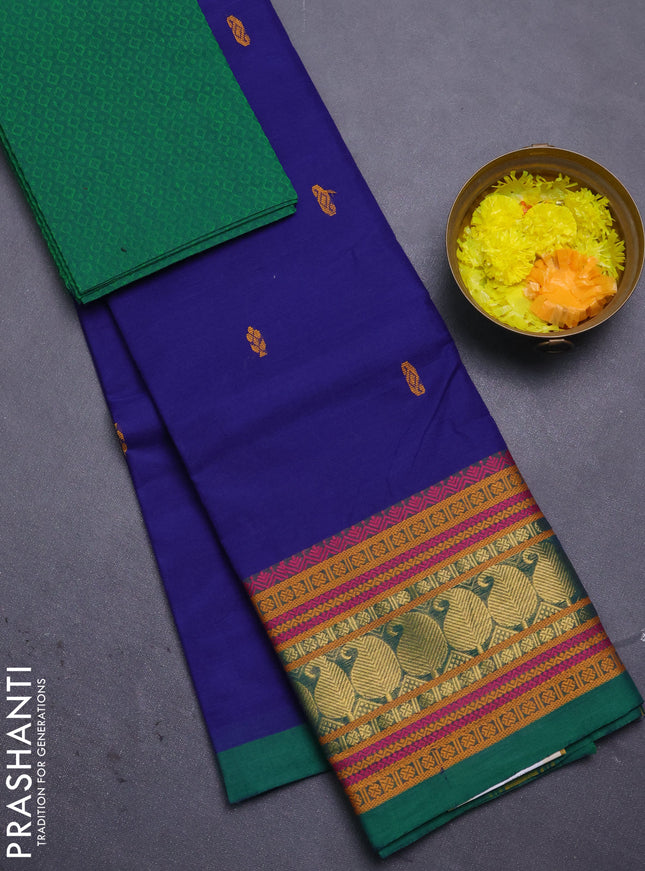 Chettinad cotton saree dark blue and green with thread woven buttas and thread & zari woven border
