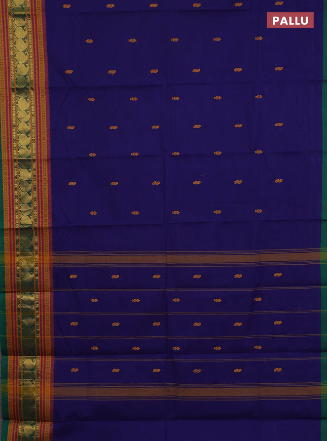 Chettinad cotton saree dark blue and green with thread woven buttas and thread & zari woven border