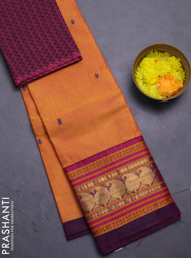 Chettinad cotton saree mustard yellow and purple with thread woven buttas and thread & zari woven border