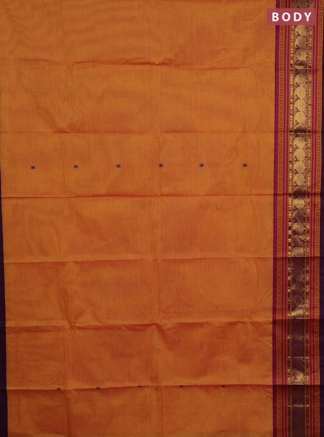 Chettinad cotton saree mustard yellow and purple with thread woven buttas and thread & zari woven border