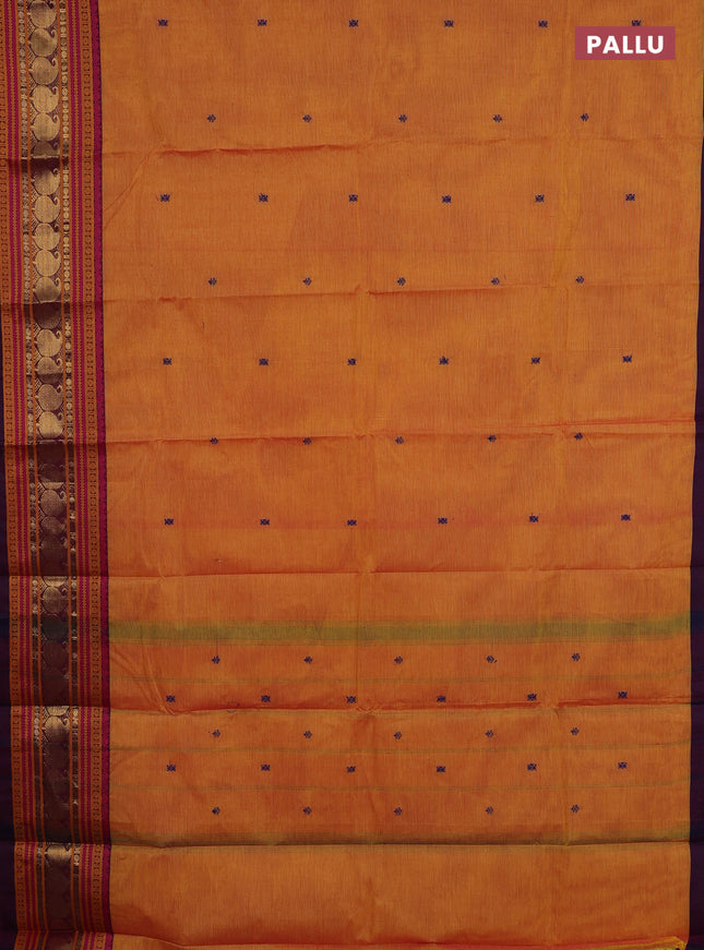Chettinad cotton saree mustard yellow and purple with thread woven buttas and thread & zari woven border