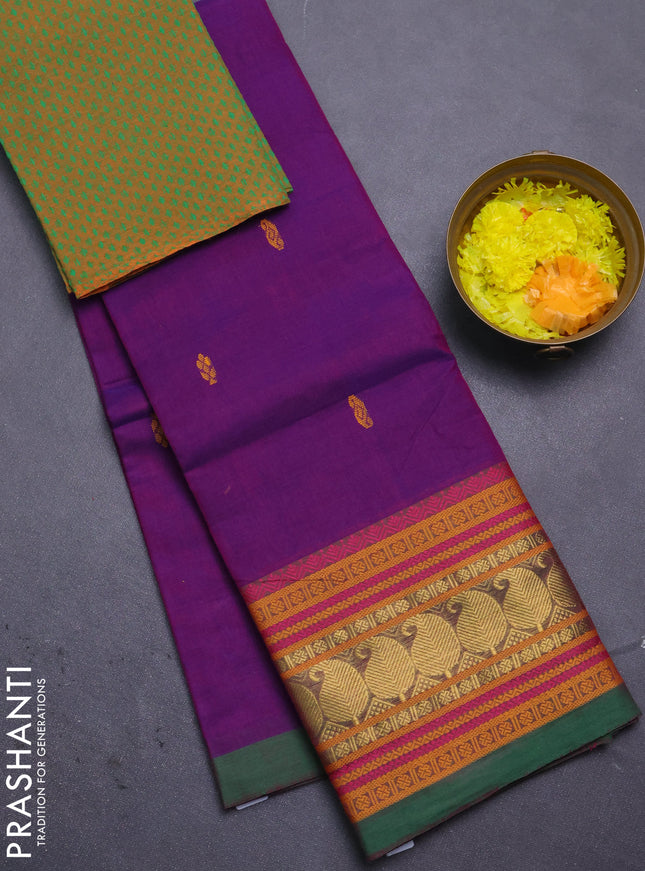 Chettinad cotton saree purple and green with thread woven buttas and thread & zari woven border